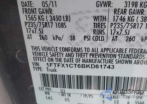 2011 Ford F-150 Xlt from USA, damaged, VIN 1FTFX1CT6BKD61743